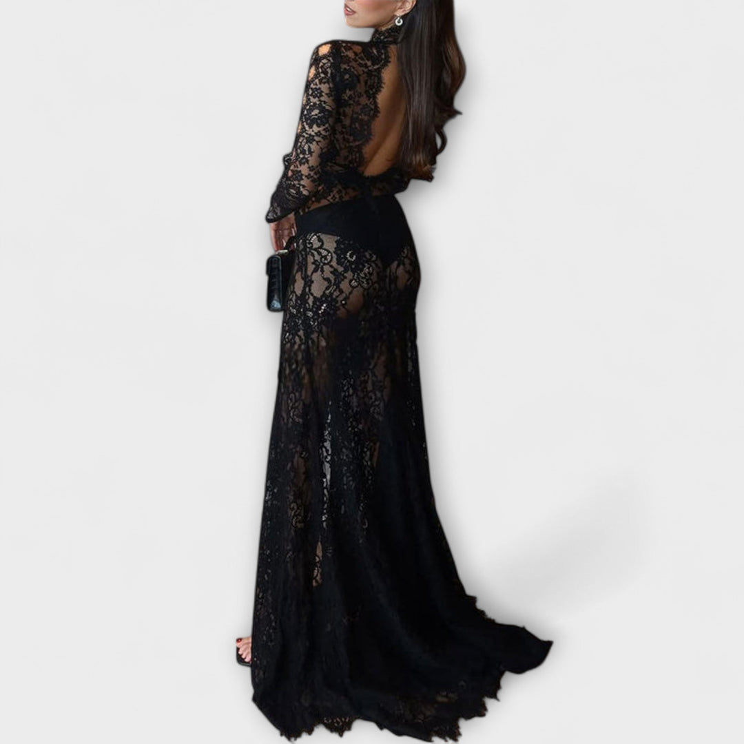 Azalea - Midnight Elegance Prosojne Čipkaste Dolg Rokav Stretch Maxi Oblačilo