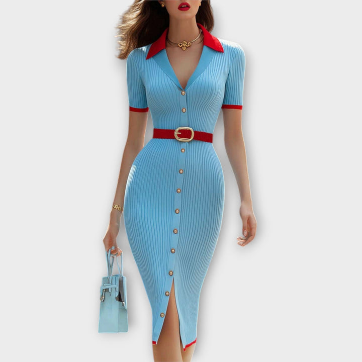 Sina - Stilske pastelno modre rebraste ozke obleke