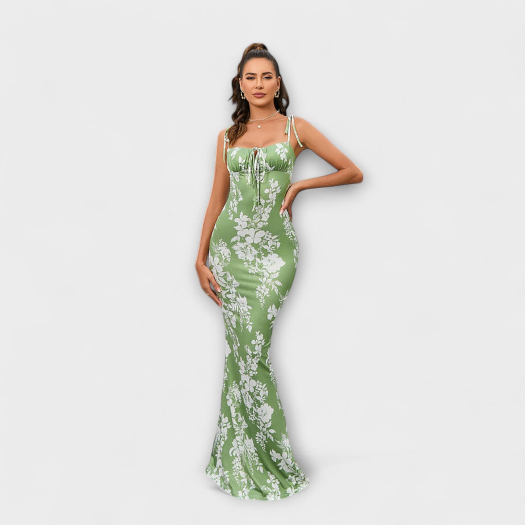 Thalia - Obleka za ples z cvetličnim potiskom in zavezanimi naramnicami