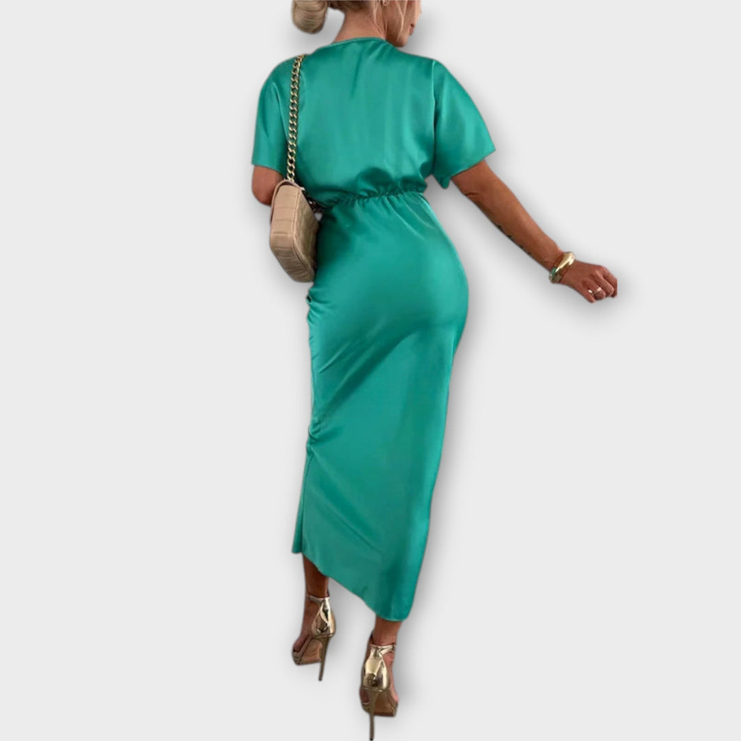 Sable - Maxi obleka z V izrezom in križnim vozlom iz trdnega satena