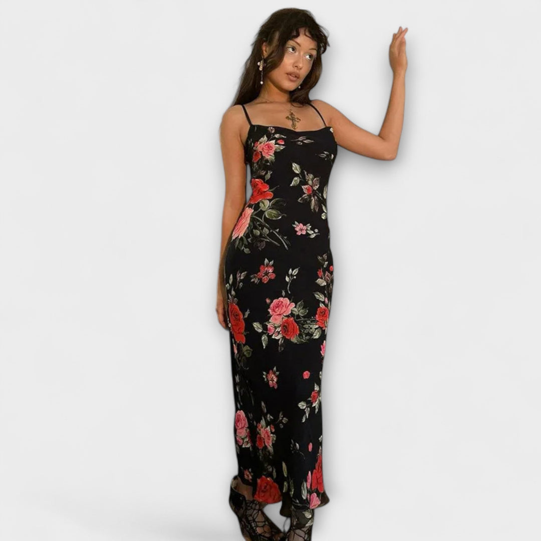 Kratka obleka bodycon z cvetličnim vzorcem in naramnicami