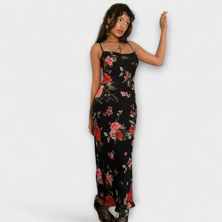 Kratka obleka bodycon z cvetličnim vzorcem in naramnicami