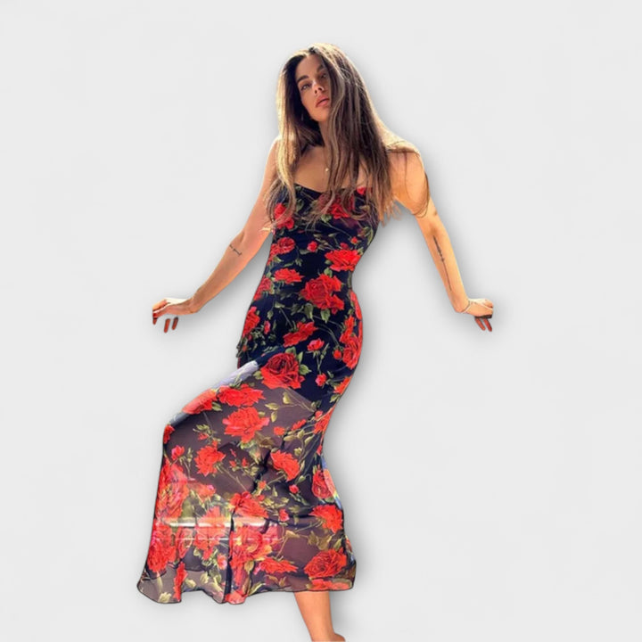 Kratka obleka bodycon z cvetličnim vzorcem in naramnicami