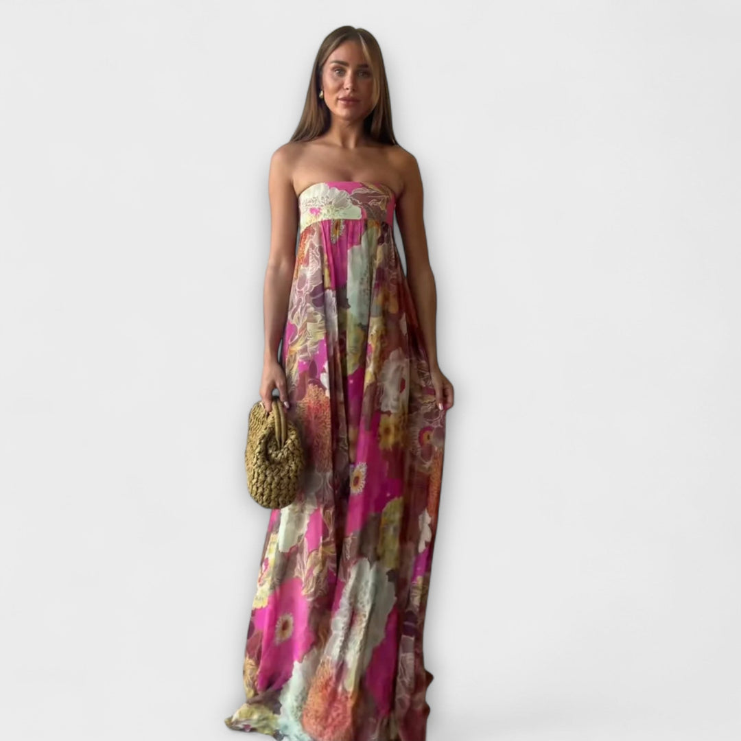 Šik Retro Brezramenska Plisirana Maxi Obleka