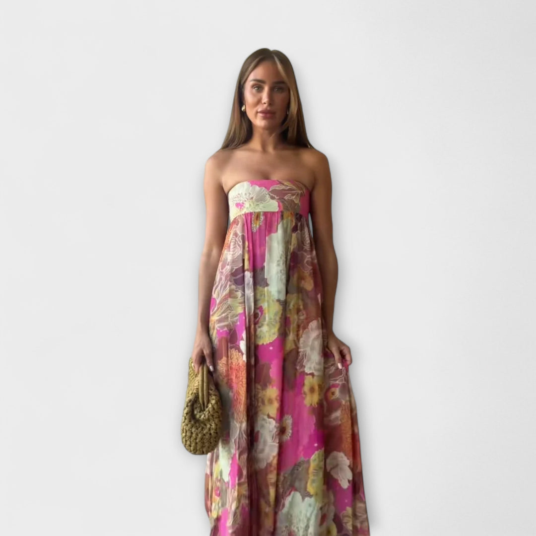 Šik Retro Brezramenska Plisirana Maxi Obleka