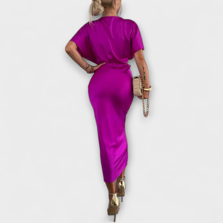 Sable - Maxi obleka z V izrezom in križnim vozlom iz trdnega satena