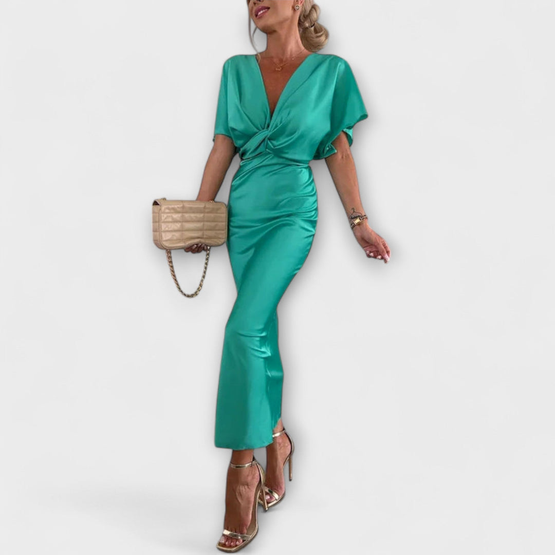 Sable - Maxi obleka z V izrezom in križnim vozlom iz trdnega satena